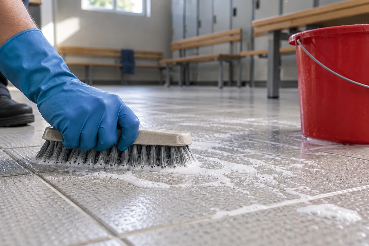 Balai-brosse à poils durs sur le carrelage à relief d’un vestiaire collectif