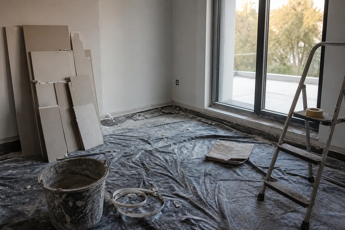 Local professionnel en fin de travaux, résidus de plâtre et bâches de protection au sol
