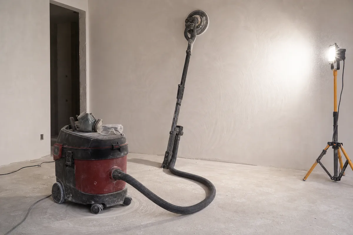 Aspirateur de chantier à filtration relié à une ponceuse murale dans une pièce vide
