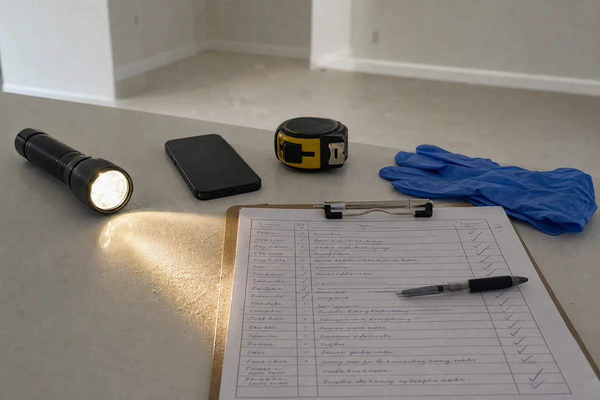 Grille de contrôle et lampe torche posées sur un plan de travail dans un local neuf