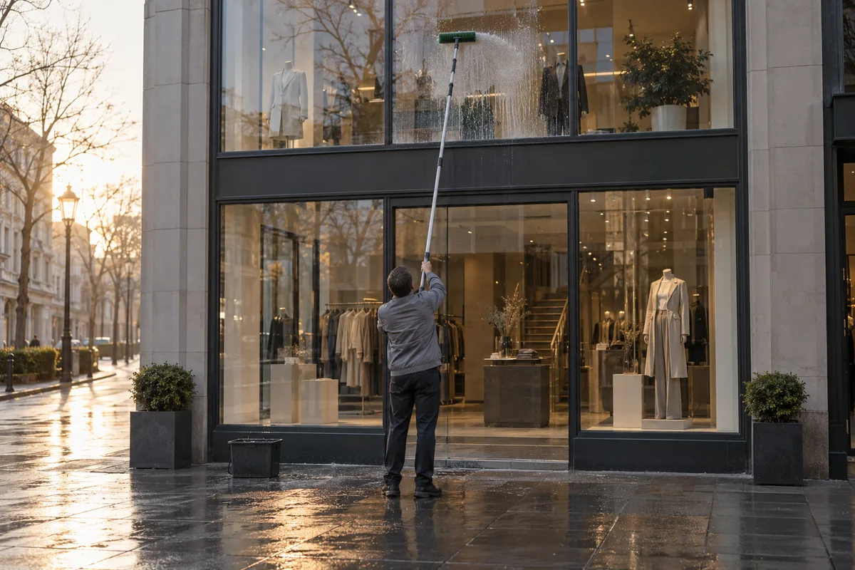 Perche télescopique utilisée depuis le trottoir sur le haut d&rsquo;une vitrine