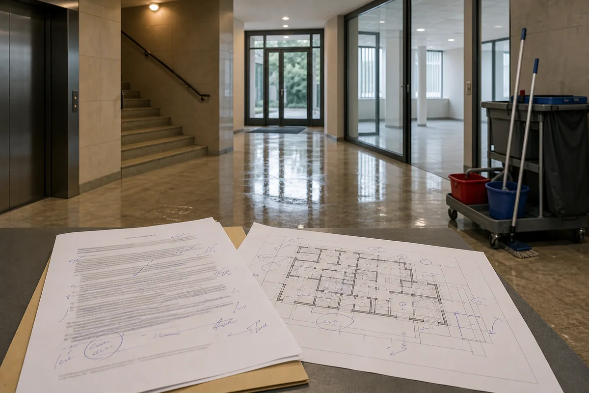 Document contractuel annoté posé sur une table avec un plan d’immeuble