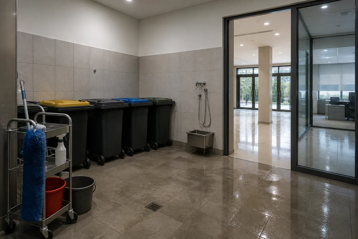 Local à déchets carrelé avec bacs roulants alignés et point d’eau