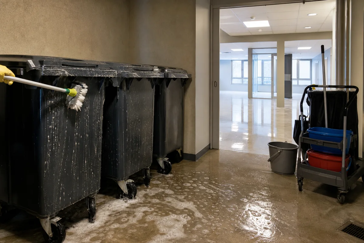 Bacs roulants lavés à la brosse, mousse et eau claire sur le sol