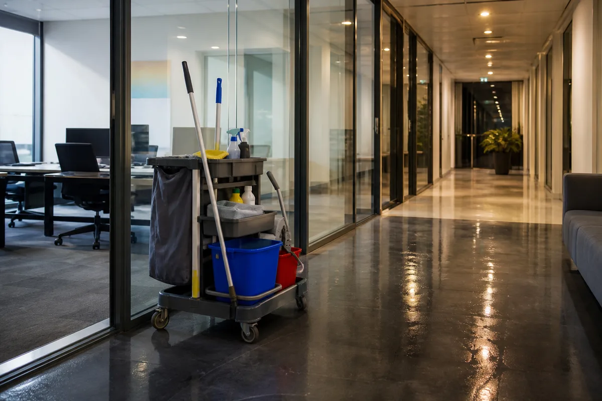 Chariot de ménage stationné dans un couloir de bureaux vitré