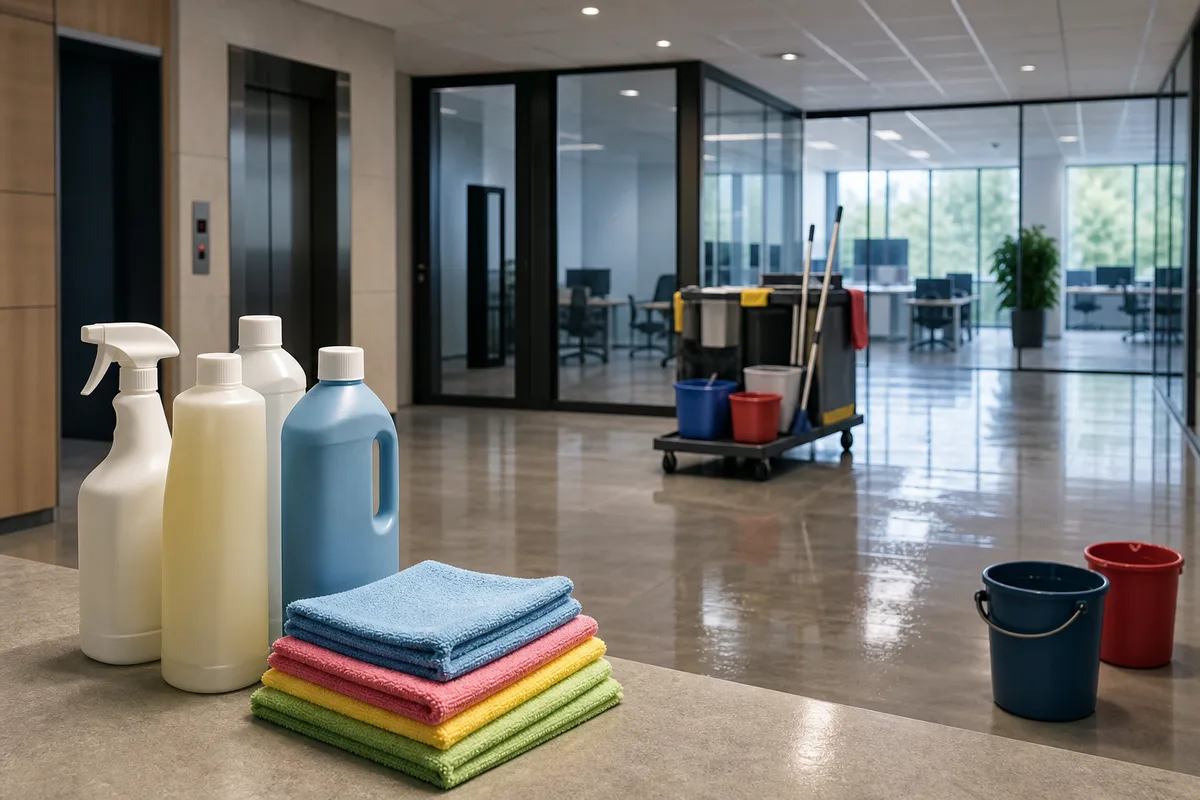 Flacons de détergent et microfibres de couleur posés sur un plan de travail
