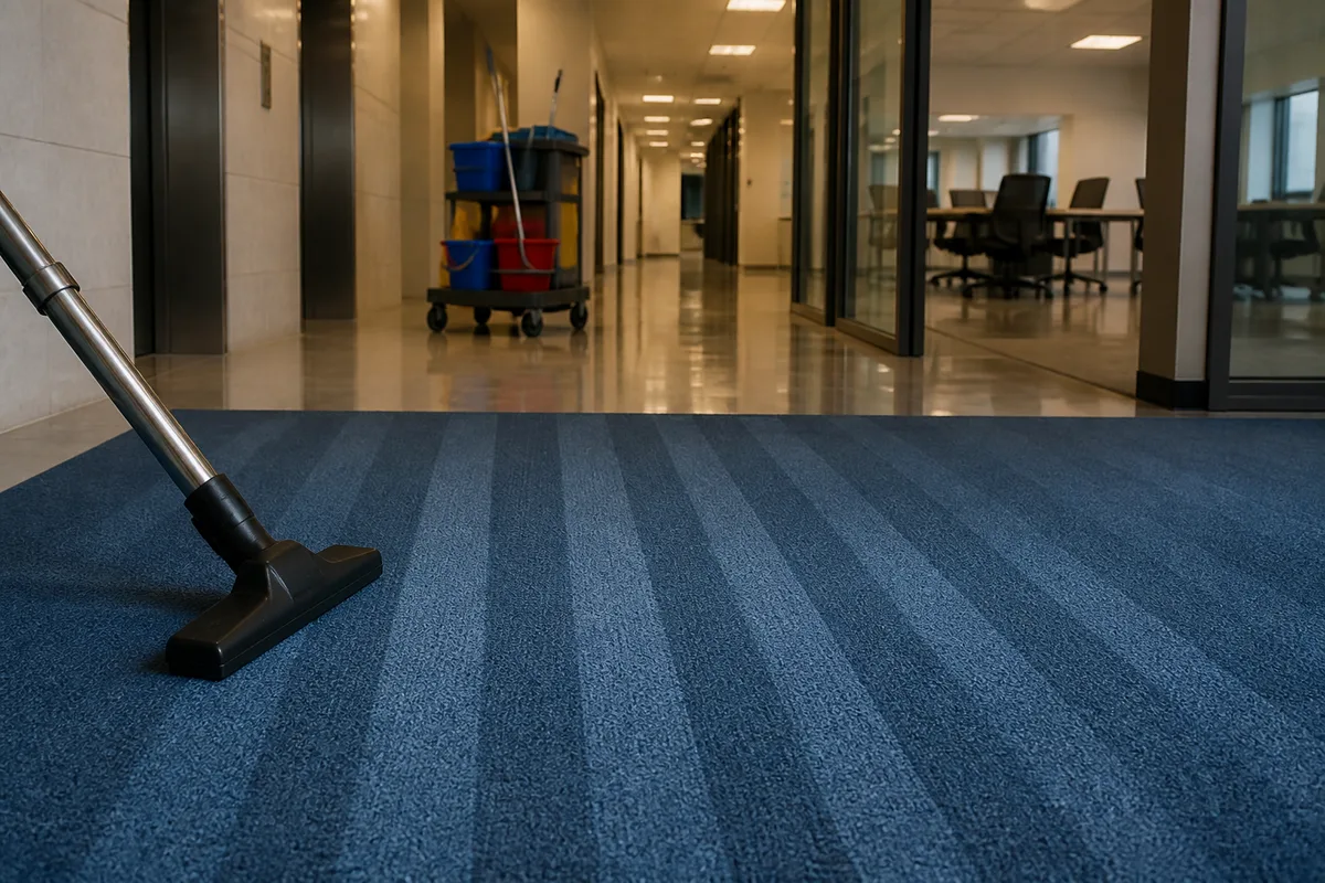 Aspiration d’une moquette bleue laissant des bandes régulières